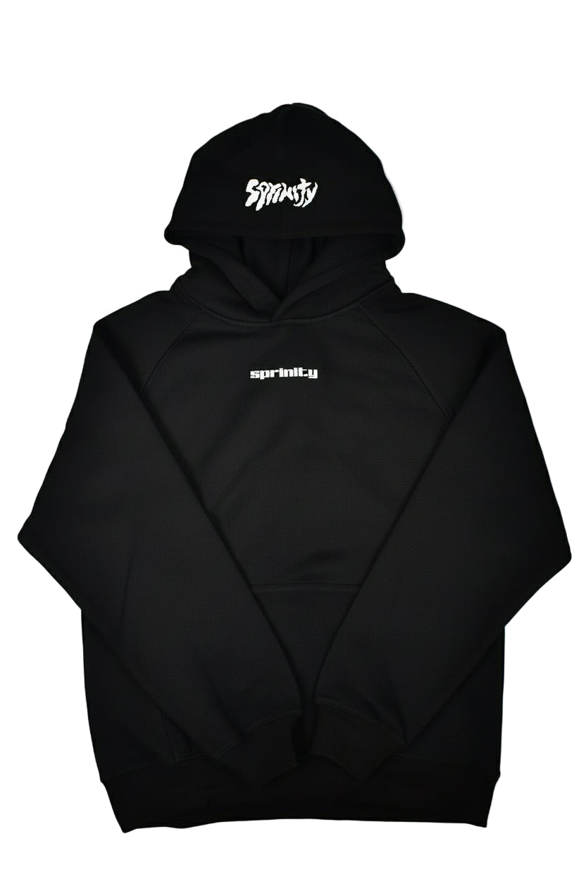 Black hoodie with branding and reflective logos hood/sleeves