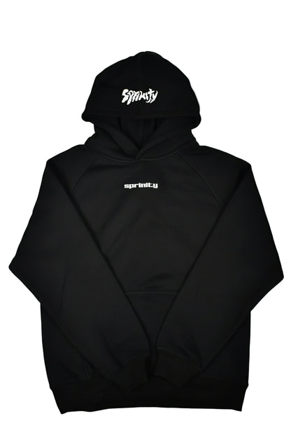 Black hoodie with branding and reflective logos hood/sleeves