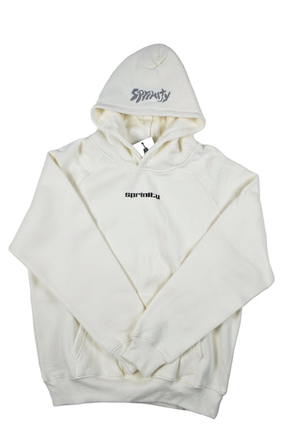Cream-White hoodie with branding and reflective logo hood/sleeves